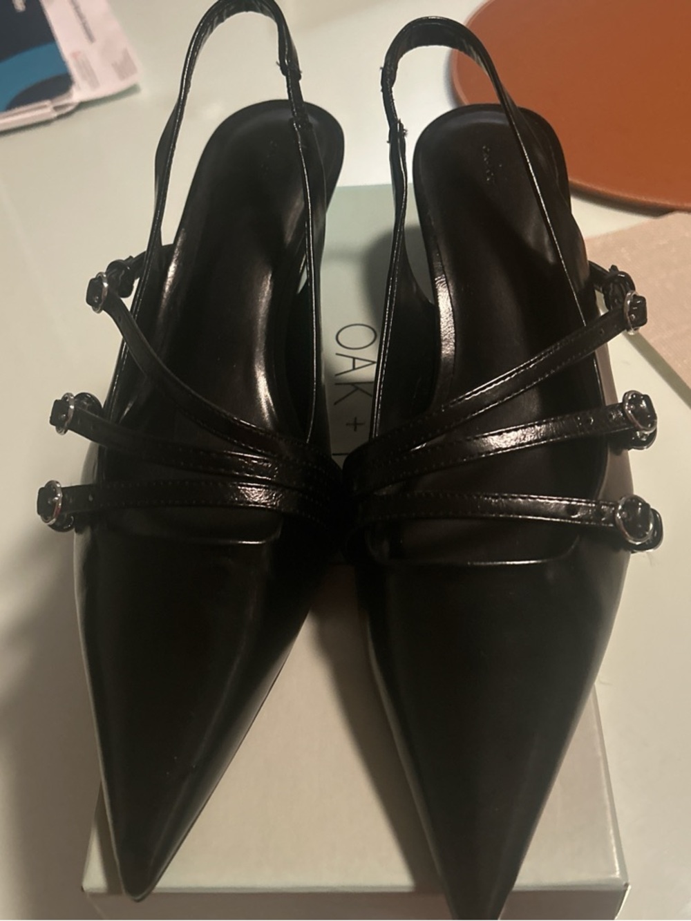 NWT OAK + FORT Black Pointed Slingback Flats with Triple Buckle Straps
